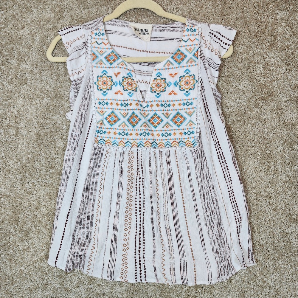 Savanna Jane Blouse Embroidered White Brown Geometric Boho Peasant‎ Top Small